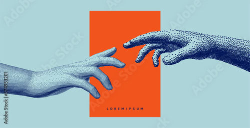 Hands reaching towards each other. Concept of human relation, togetherness or  partnership. 3D vector illustration. Design for banner, flyer, poster, cover or brochure.