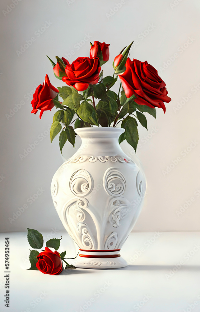 red roses vase on white table light background. AI generativ