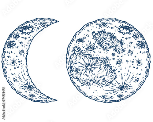 Mystical lunar sketch logo icon. For cosmetics, beauty, tattoo, spa, manicure, jewelry store. Moon and crescent in vintage hand drawn style. Boho style tattoo design. Mystical drawing.