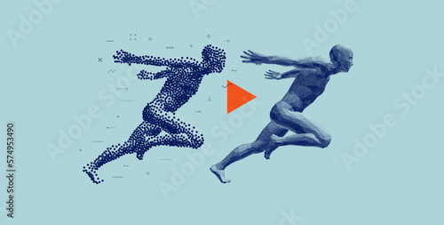 Running man or marathon runner in сoarse and fine style. 3D human body model with stipple effect. Design for sports club, fitness, competition or marathon. Vector illustration composed of particles.