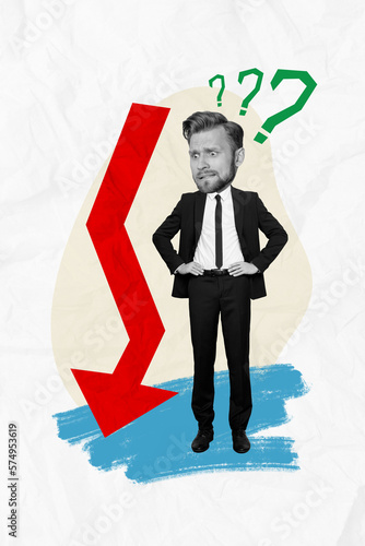 Creative banner poster collage of confused economist guy look money stock falling down loss income