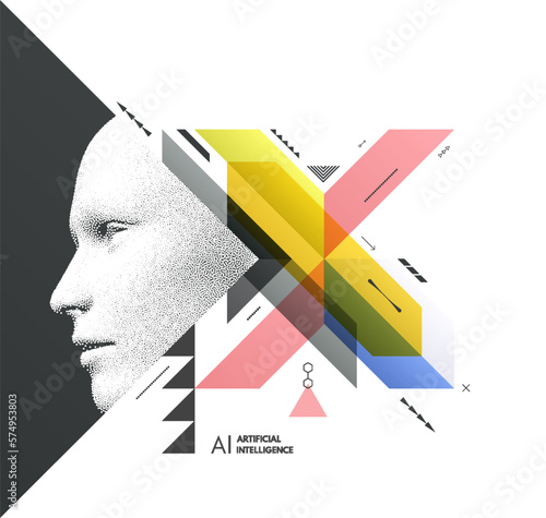 Art composition. Abstract transparency geometrical background. Digital human head constructing from dots. Cover design template for presentation, banner, flyer, poster or brochure. 3D vector.
