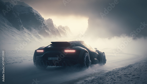 Fast car concept created with Generative AI. Driving on a mountain road covered in snow in the winter. © AI Studio - R