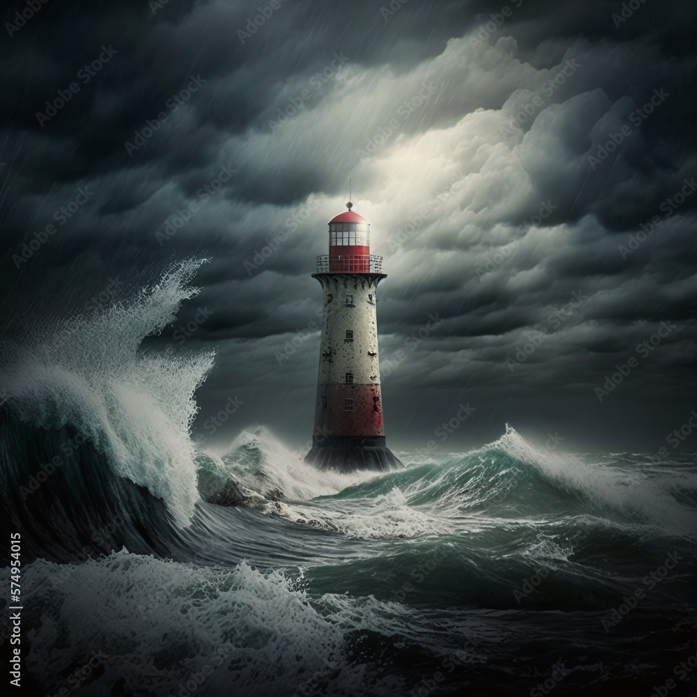 Lighthouse Trying to Illuminate the High Seas on a Stormy Night with Extremely High and Dangerous Waves Generated by AI