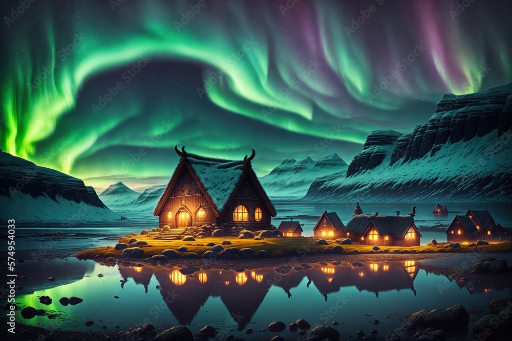 Viking houses in a viking landscape by water with northern lights in