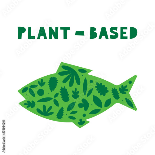Plant-based meat and protein. Silouette of a fish with leaves. Vegan and vegetable diet. Sustainable climate friendly cruelty free food.