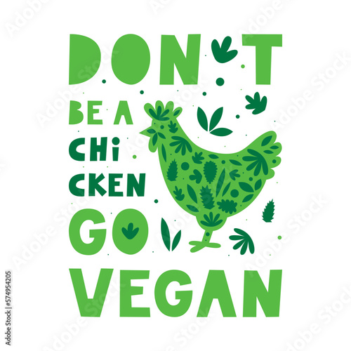 Plant-based meat and protein card and lettering. Silouette of a chicken with leaves. Vegan and vegetable diet. Sustainable climate friendly cruelty free food.
