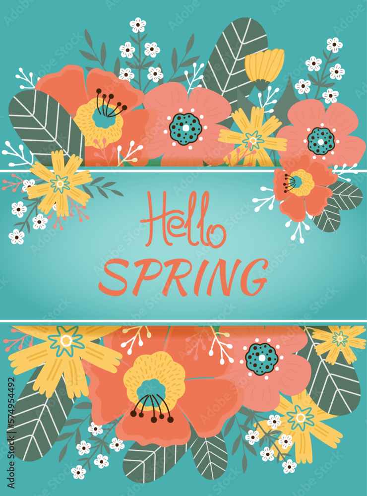 Hello spring. Spring flowers, leaves. Banner, postcard, poster. Hello spring. Spring flowers, leaves. Banner, postcard, poster.