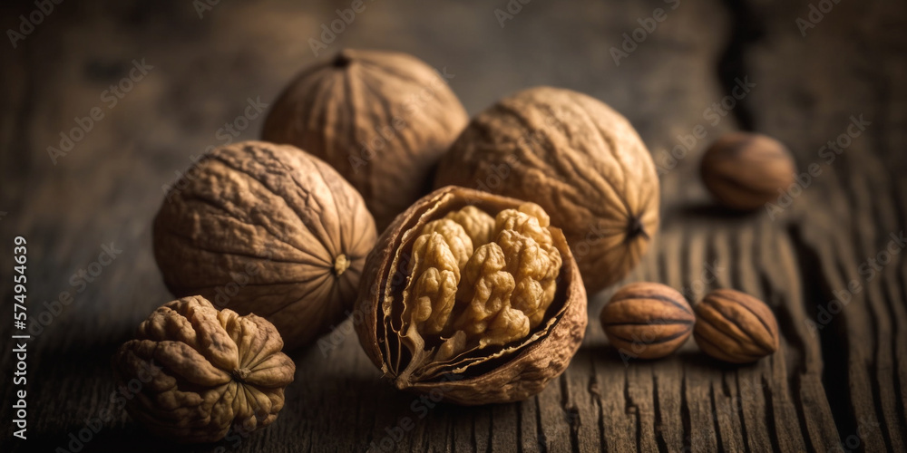 Beautiful walnuts large and small on a wooden table, with one with a broken shell, Generative AI Beautiful walnuts large and small on a wooden table, with one with a broken shell, Generative AI