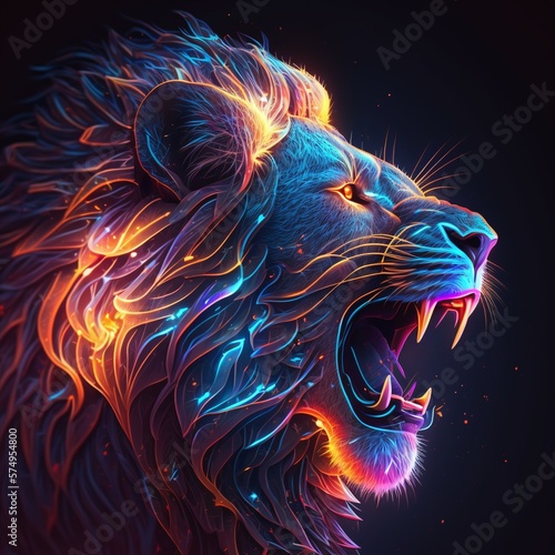 Angry Lion Portrait Rendered with Lots of Futuristic Colors and Effects Generated by AI