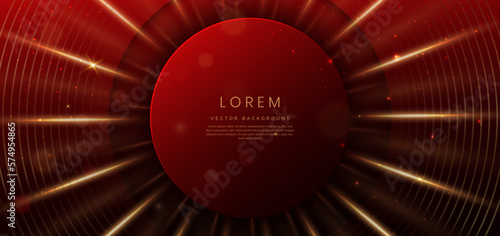 Circle red elegant with gold circles lines with lighting effect and sparkle bokeh. Luxury design style.