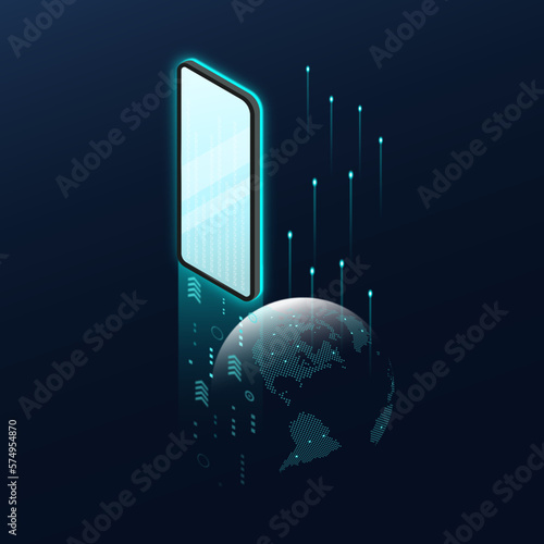 Digital technology vector illustration. Modern mobile technology. Isometric smartphone with light path and world globe. 