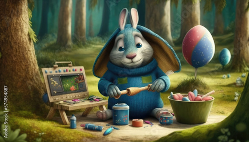 Sweet Easter Rabbit - a unique and unusual wallpaper background featuring a tall Easter rabbit wearing blue dungarees, sitting on a forest clearing and dyeing Easter eggs in a whimsical cartoon style
