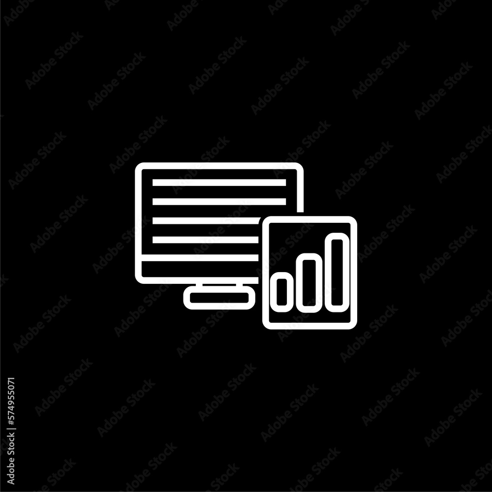 Computer monitor with graph chart icon isolated on black background. Computer monitor with graph chart icon isolated on black background.