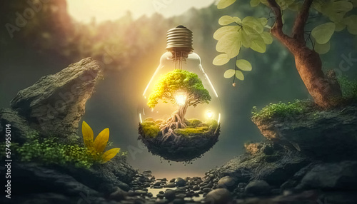 Renewable energy concept, green light bulb in forest, Generative AI.