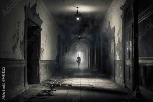 a man standing at the and of a dark hallway from an abandoned house, generative ai
