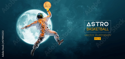 Basketball player astronaut in space action and Moon, Mars planets on the background of the space. Vector illustration