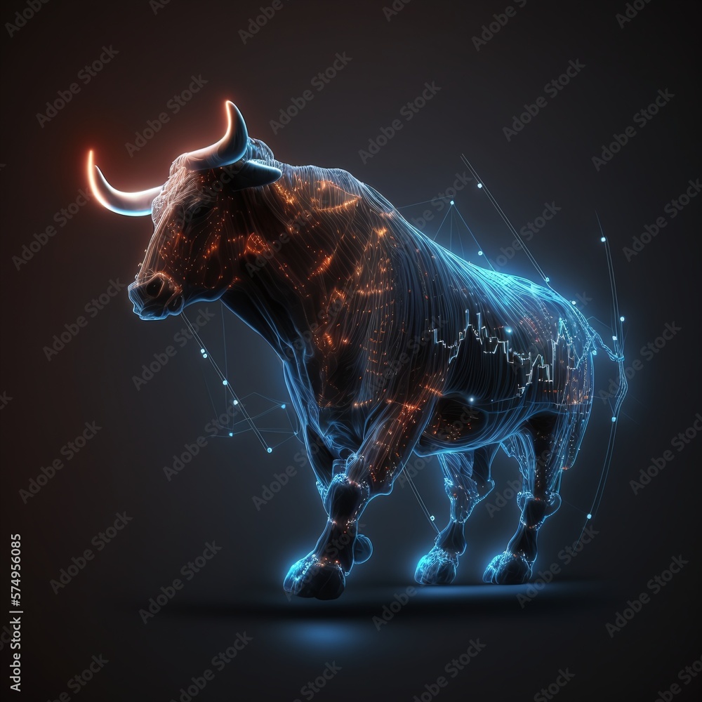 Colorful and Transparent Financial Market Bull with Chart Representation on its Body Generated by AI