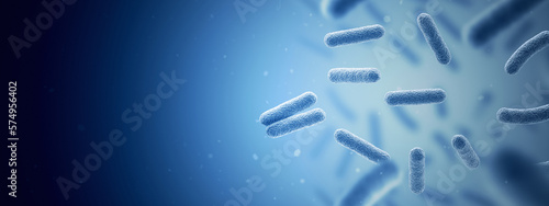 Bacteria. Bacterium. Blue color. Prokaryotic microorganisms. 3d illustration. Copy space. Banner photo