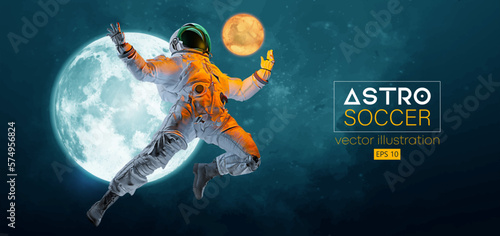 Soccer football player astronaut in space action and Moon, Mars planets on the background of the space. Vector illustration