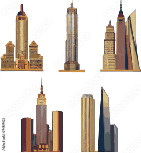 American Skyscrapers Set Of Vector Icons Separated On White.