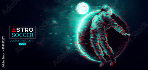 Soccer football player astronaut in space action and planets on the background of the space. Vector illustration