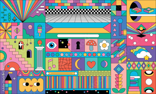 Collection of vintage groovy elements, colorful background. Retro character, 90s style, psychedelic mushroom, flower, rainbow, heart and eyes. Vintage vector set