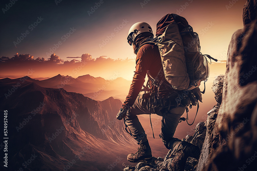 Obraz premium Professional climber with helmet, backpack and harness climbing at sunset. Generative AI