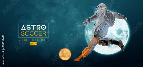 Soccer football player astronaut in space action and Moon, Mars planets on the background of the space. Vector illustration