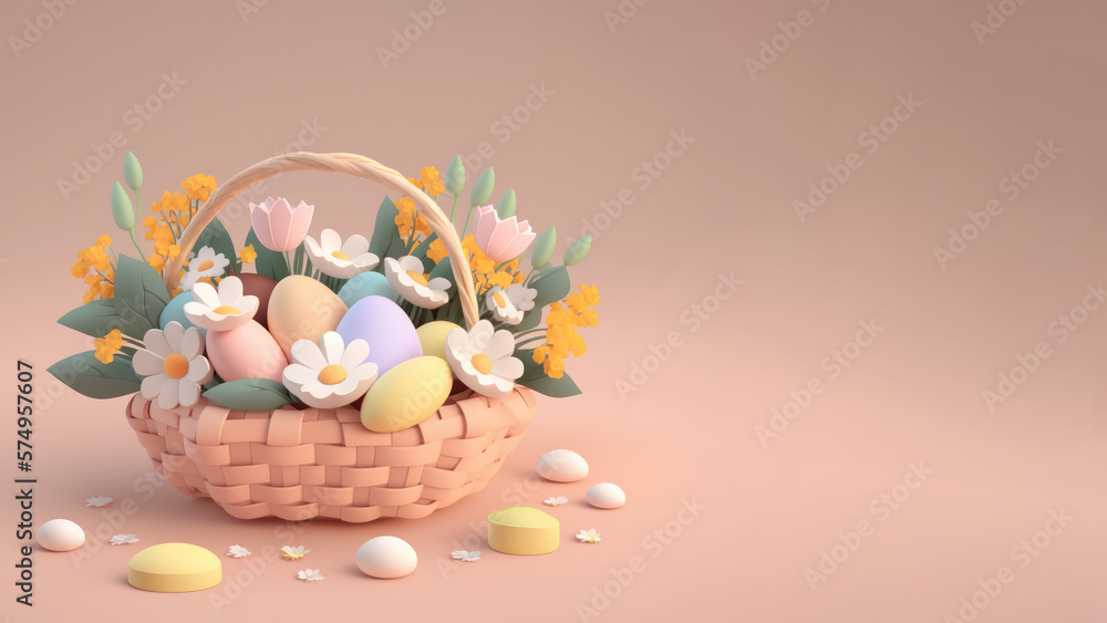 3D Easter basket and colorful eggs with spring flowers. Greeting card, banner design. Generated AI