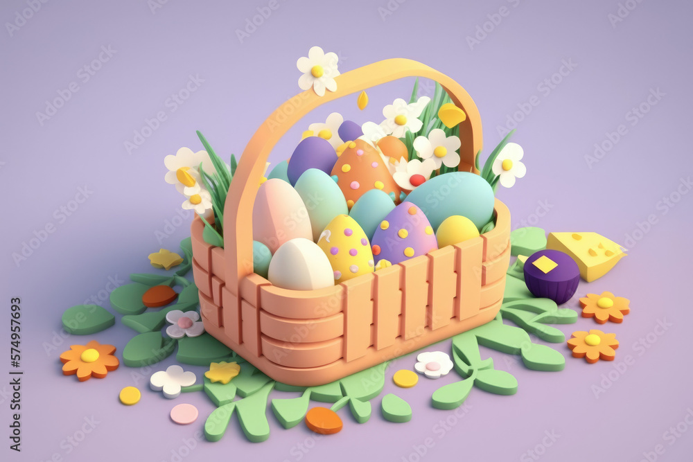3D Easter basket and colorful eggs with spring flowers. Greeting card, banner design. Generated AI