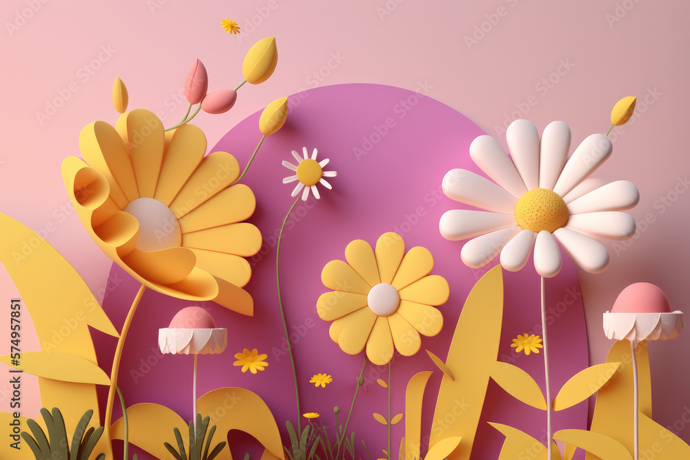 Cartoon 3d spring flowers, daises on pink background. Mother's day, 8 May greetings, spring concept. Generated AI