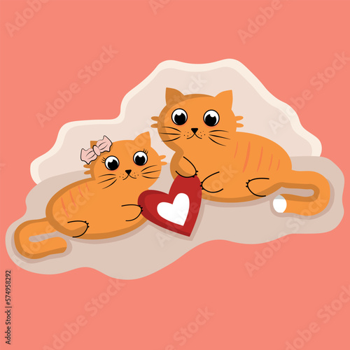 Ginger cat and cat holding a red heart, romantic cats in love