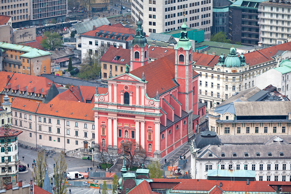 Aerial view of the Franciscan Church of the Annunciation in Ljubljana