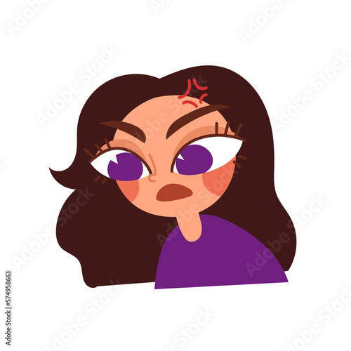 Young furious girl. Negative emotions. Bad mood. Portrait of a cute angry young girl in casual clothes. Irritated person. Cartoon vector flat illustration.