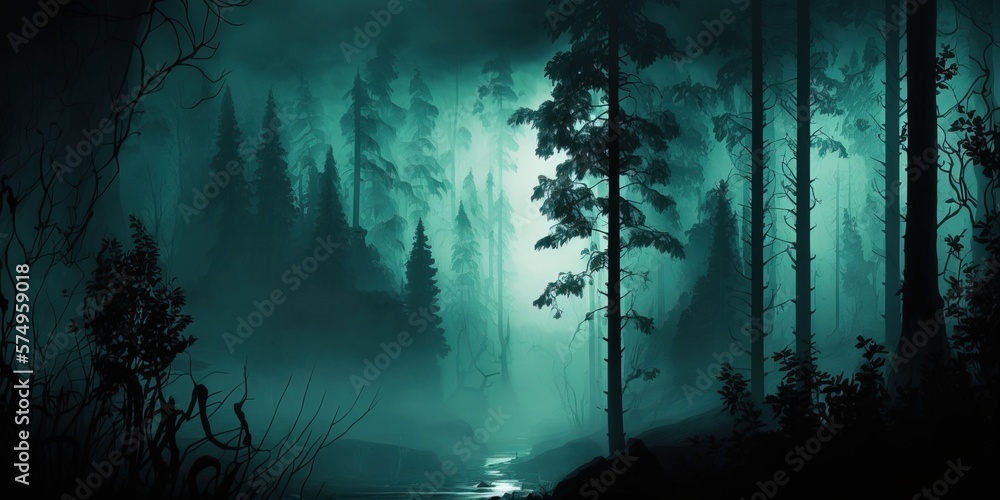 An empty foggy dark mysterious forest , generative ai