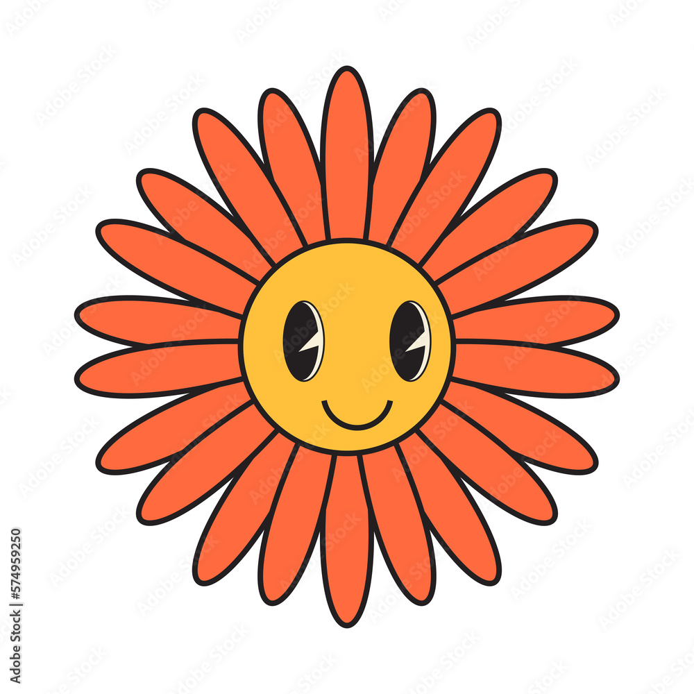 Groovy flower cartoon characters. Funny happy daisy with eyes and smile.