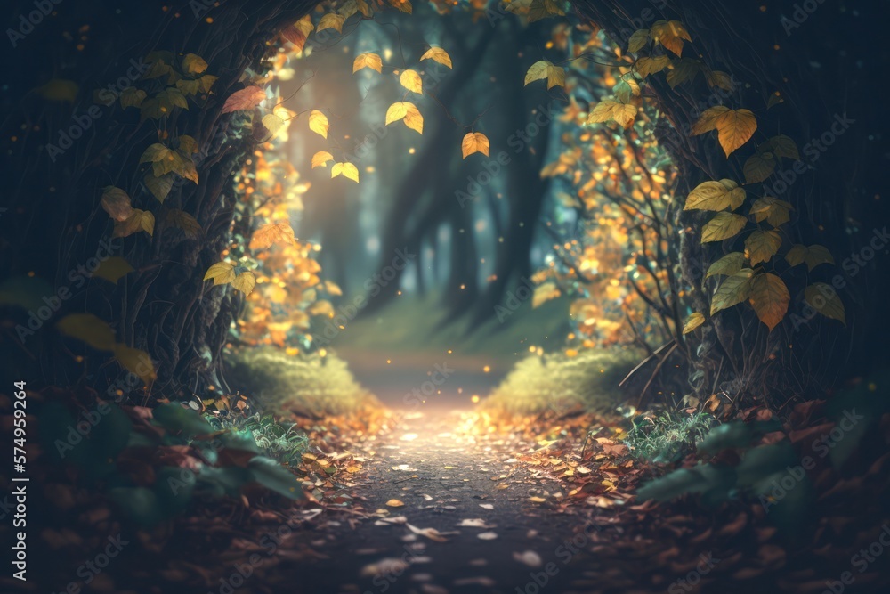 Enchanted Forest Path Arch Passage Tunnel with Glittering Leaves Generative AI