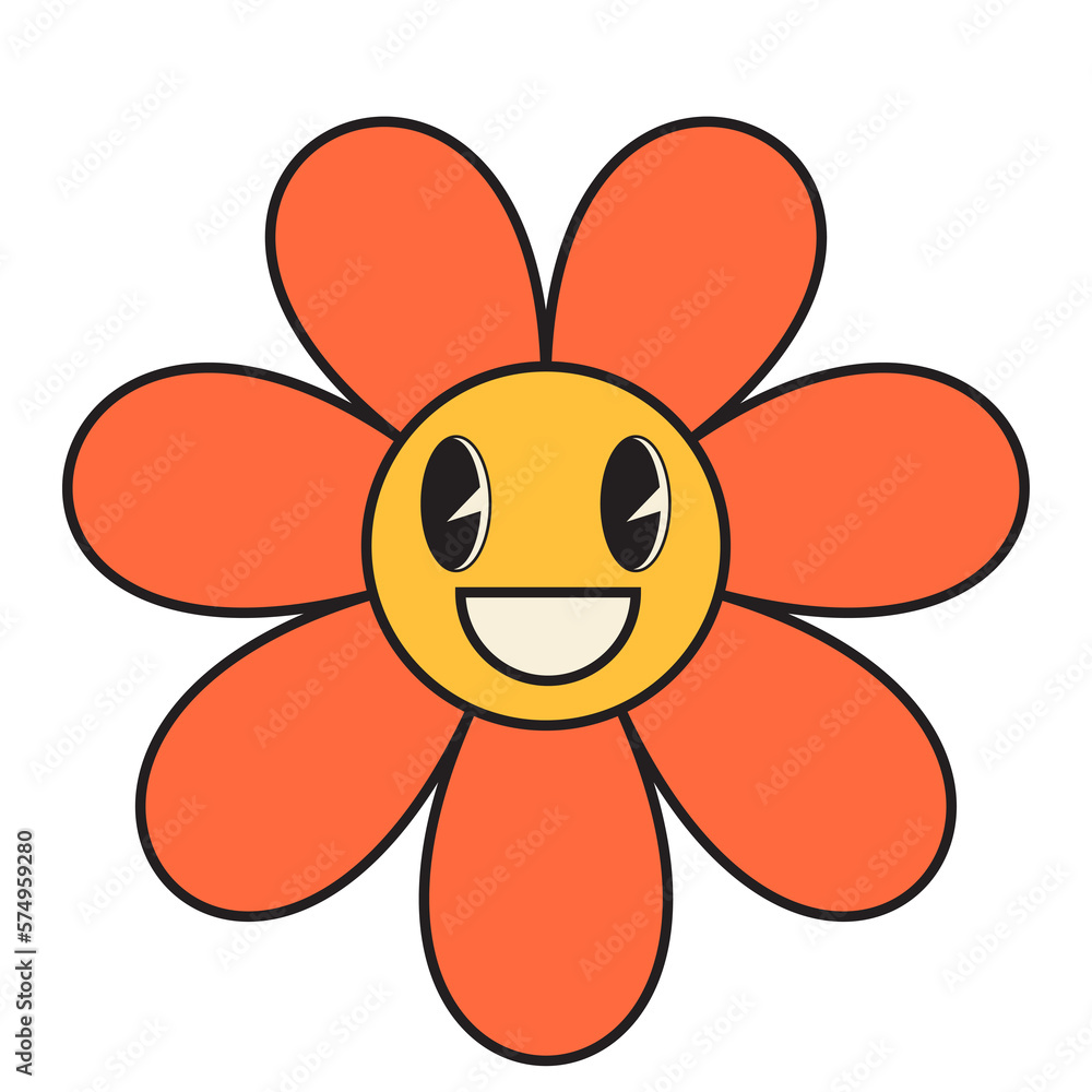 Groovy flower cartoon characters. Funny happy daisy with eyes and smile. Groovy flower cartoon characters. Funny happy daisy with eyes and smile.