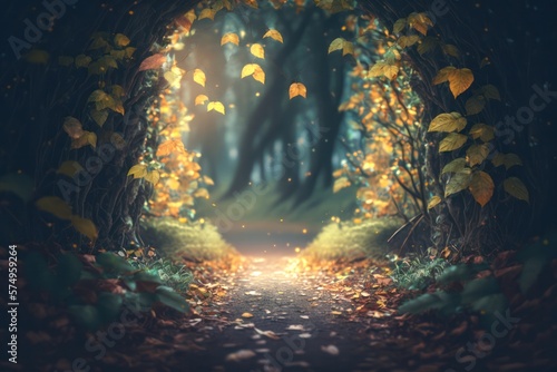 Enchanted Forest Path Arch Passage Tunnel with Glittering Leaves Generative AI © Artem
