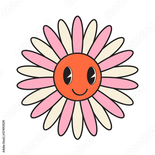 Groovy flower cartoon characters. Funny happy daisy with eyes and smile. © BNMK0819