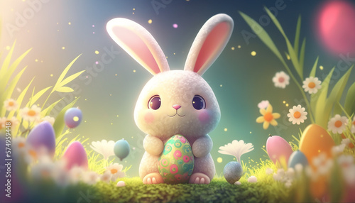 Easter background of a cute and cheerful bunny, AI Generative
