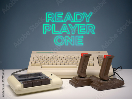 Retro ready player one with neon lettering 