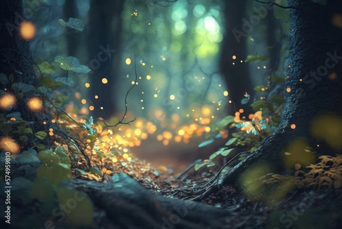 Enchanted Forest Landscape with Glittering Leaves Magic Generative AI