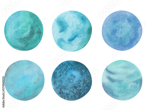 Watercolor illustration. Hand painted abstract background in round forms in blue, turquoise colors. Blue planets with water, ocean, sea, sky. Abstract winter with snow. Isolated clip art for banners