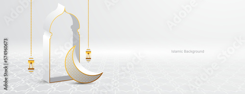 islamic banner background with crescent , lantern and gate in white and gold color. vector illustration