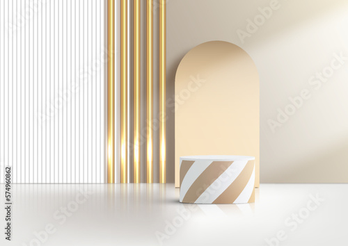 3D realistic elegant white and gold cylinder podium stand with white and golden