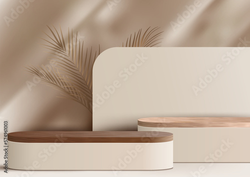 3D realistic wood podium platform stand decoration with golden palm leaves