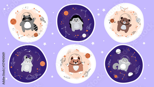 Cute animal in a spacesuit with a helmet and a planet. Astronaut animals, animals flying in space, space children's illustrations, spaceships 