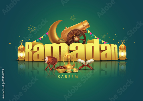 Eid Mubarak and Ramadan Kareem greetings. golden 3d letter and Ramadan props background .abdtract vector illustration design